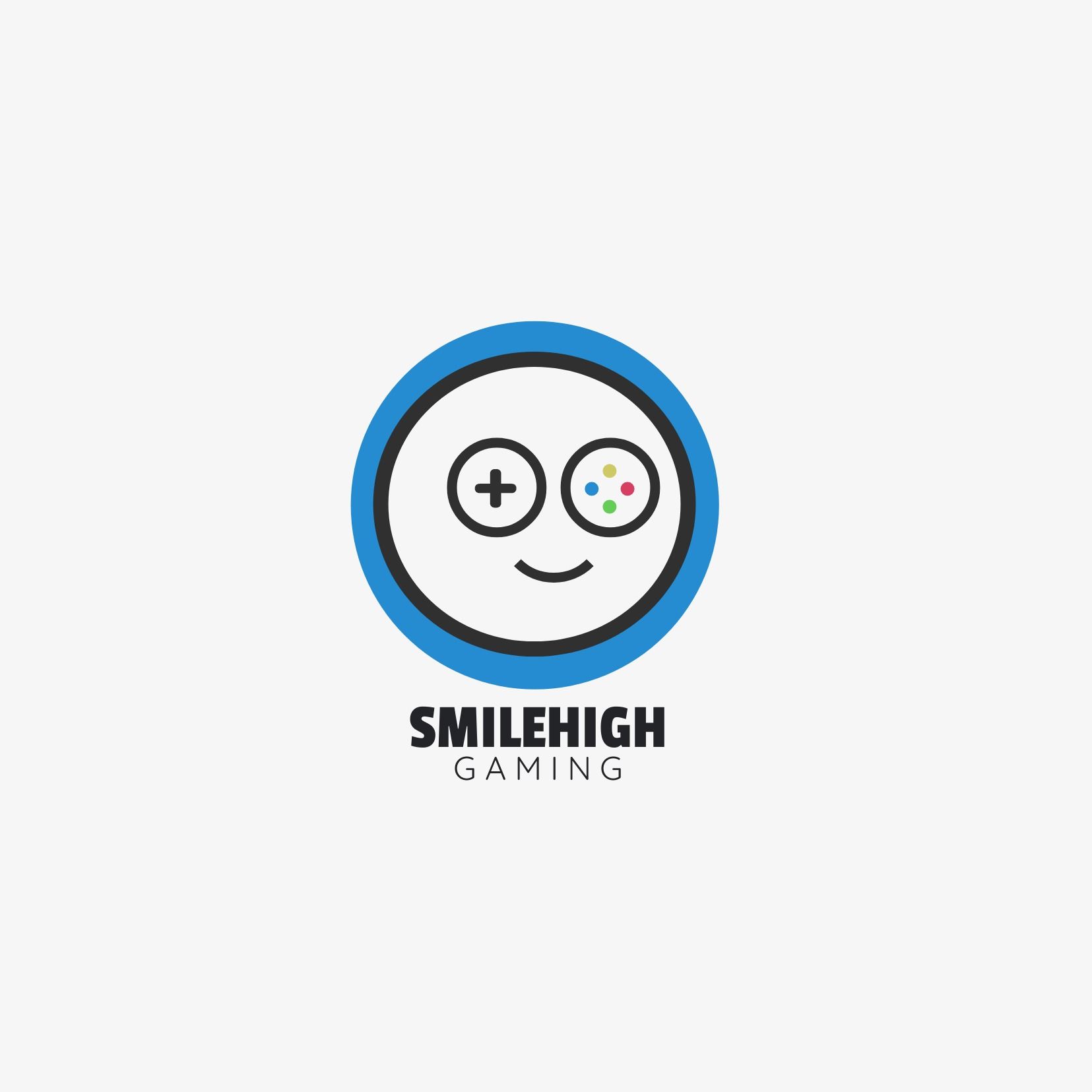 Logotipo de gamepad redondo abstracto que parece una cara sonriente y &#39;Smilehigh gaming&#39; como título - Comparación de las fuentes Passion 1 y Quick Sand - Imagen
