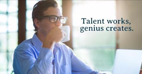 Image of a male executive with glasses working on a laptop and drinking coffee and Talent works, genius creates as a caption - How to start a part-time business that works - Image