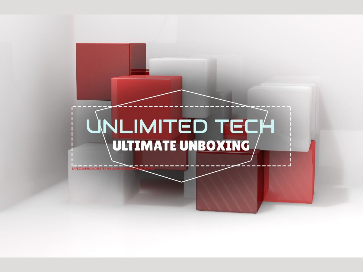 Rote und weiße 3D-Boxen mit dem Text in der Mitte: „Unlimited tech. Unlimited unboxing.“ - Unbegrenztes Potenzial zum Auspacken von YouTube-Videos - Bild