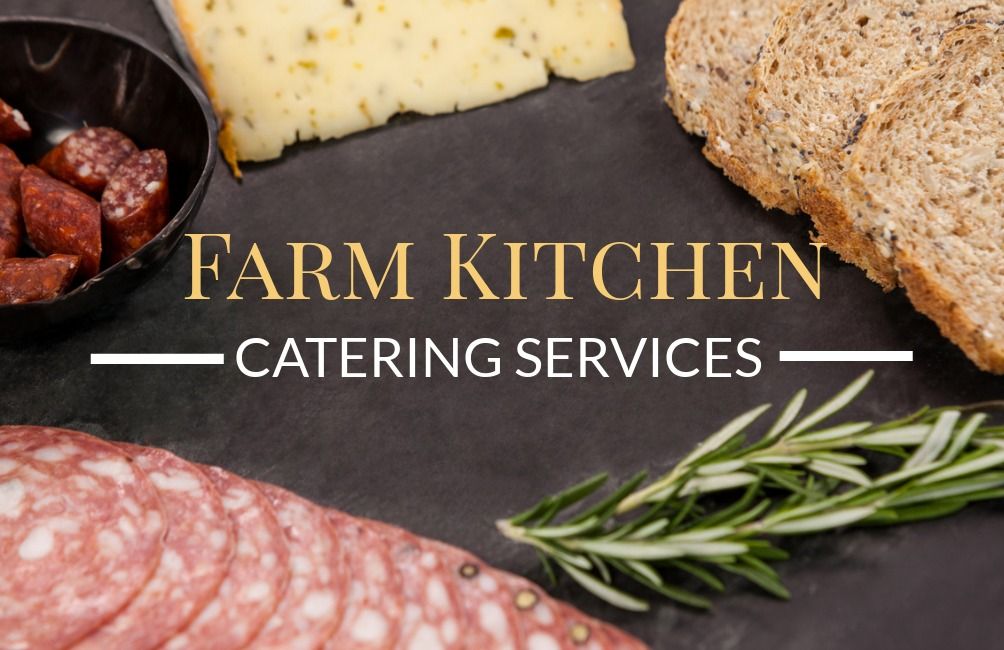 Business card template with a photograph of bread, cheese, sausage, and seasonings lying on the table, with the text 'farm kitchen catering services' in the center - Tips on how to stand out with photo business cards - Image