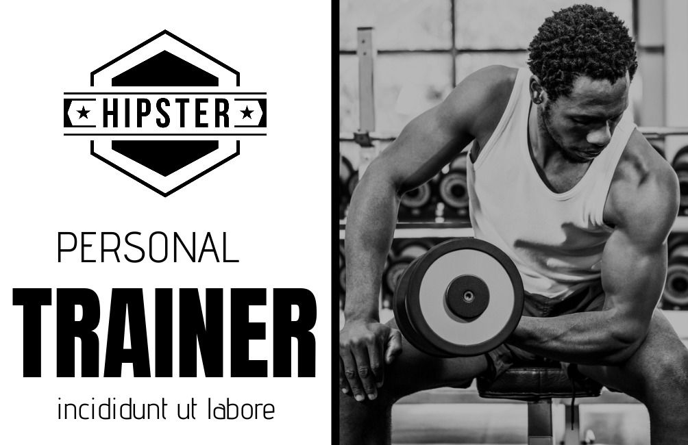 Black and white personal trainer business card template featuring a man with dumbbells at the gym - Dramatic business card design - Image
