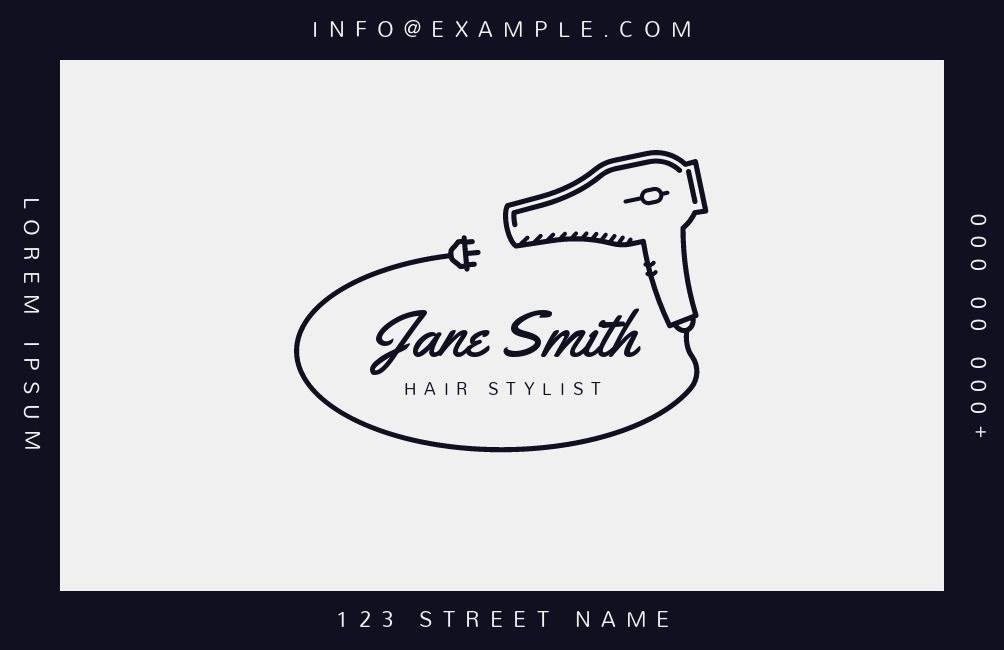 Cute black and white hair stylist business card template with a hair dryer icon in the middle - How to make a business card cute and fun - Image