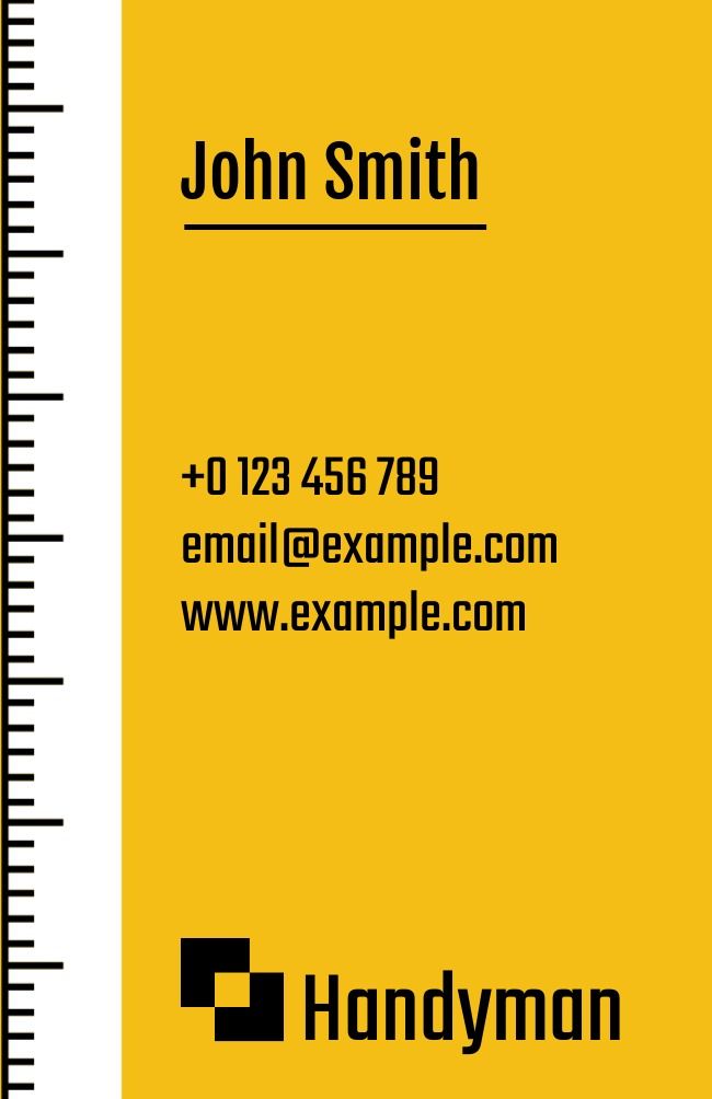 Gelbe vertikale Handwerker-Visitenkartenvorlage mit Linealmarkierungen auf der linken Seite – Wie die vertikale Ausrichtung dazu beitragen kann, dass eine Visitenkarte hervorsticht – Bild