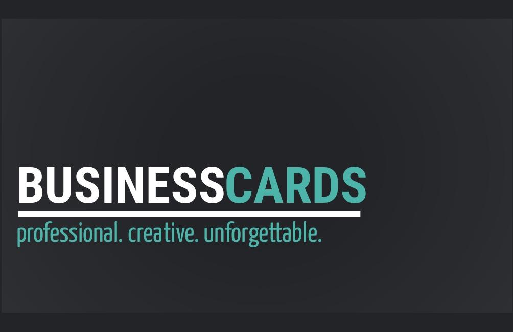 Texte "Cartes de visite professionnelles. Créatives. Inoubliables." sur un fond sombre - Façons de vous mettre en valeur et de présenter votre entreprise avec des designs de cartes de visite créatifs - Image