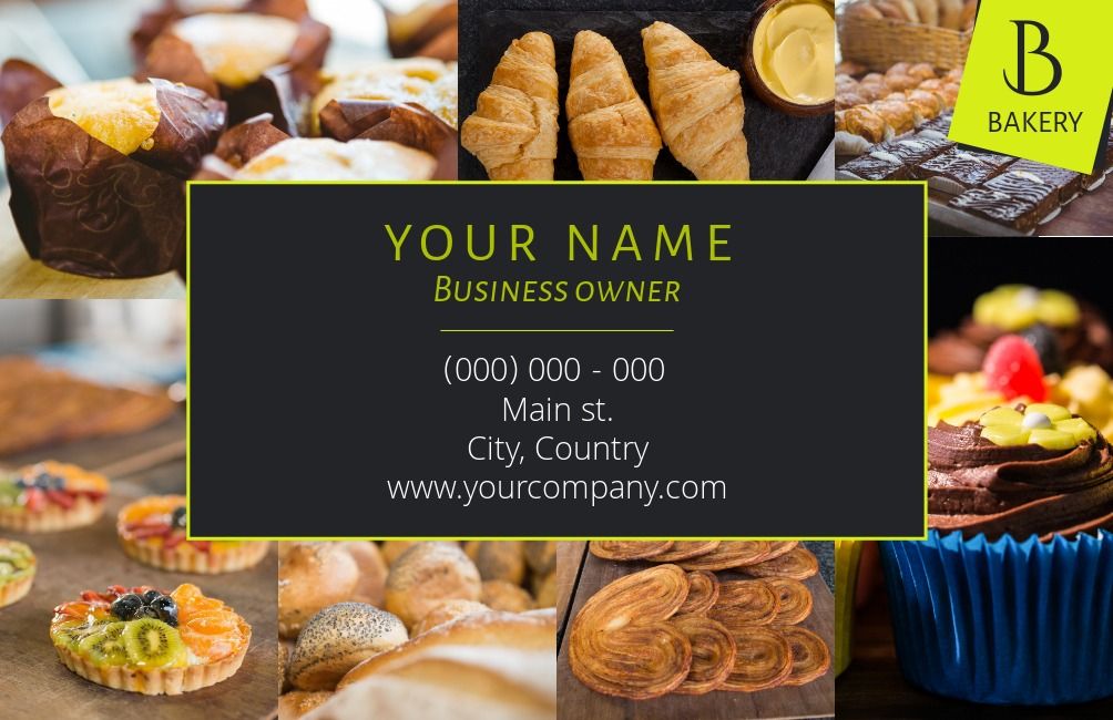 Business card with images of baked goods and a black rectangle with text in the middle - Incorporating photo collages into business card designs - Image