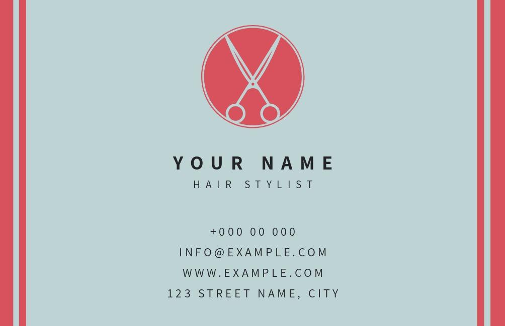 Hair stylist business card template with scissors in a red circle in the top half - Variety of business card styles - Image