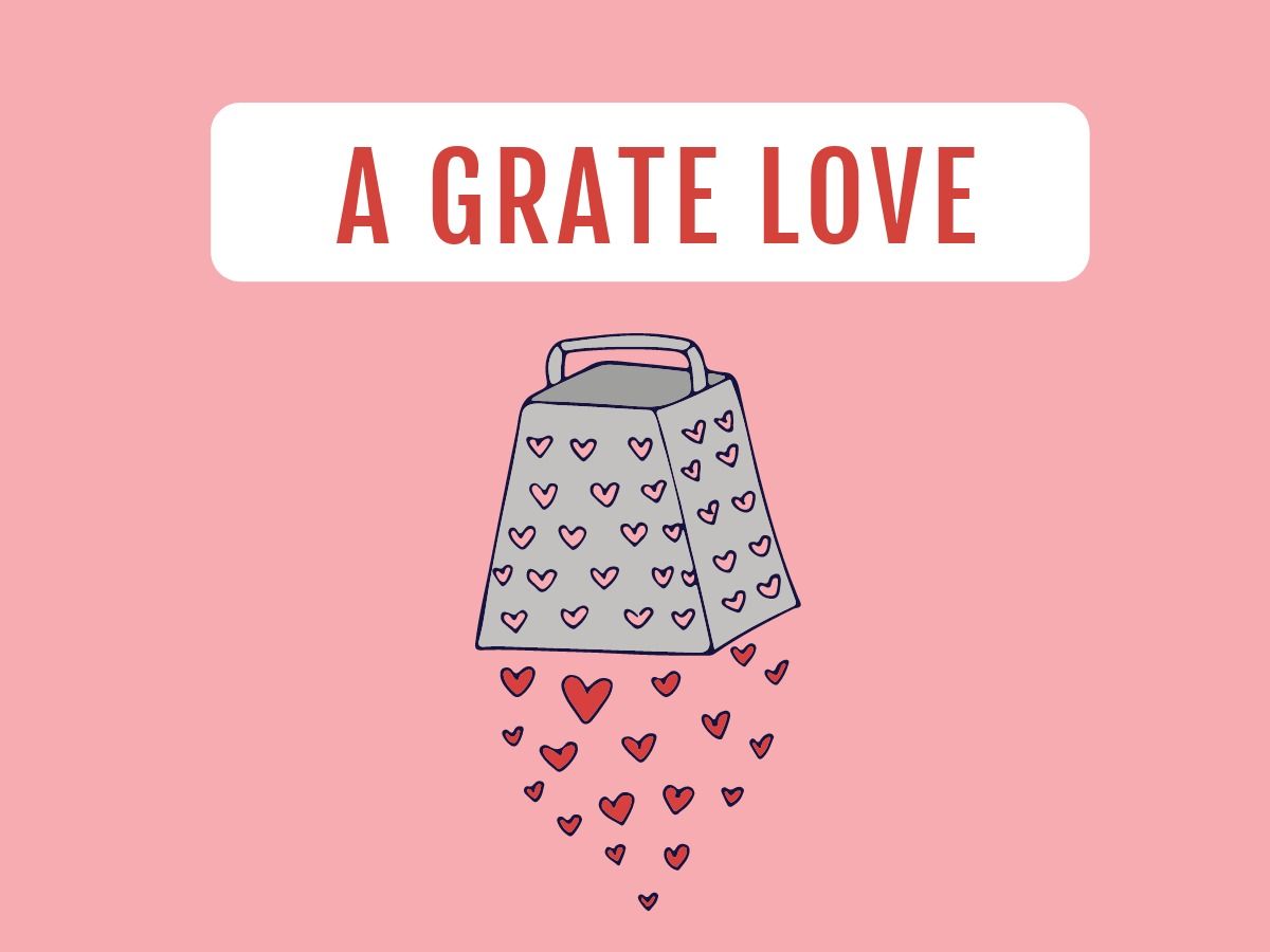 Abstract image of a grater with small red hearts and 'A Grate Love' as a title - The benefits of playful design for your packaging - Image