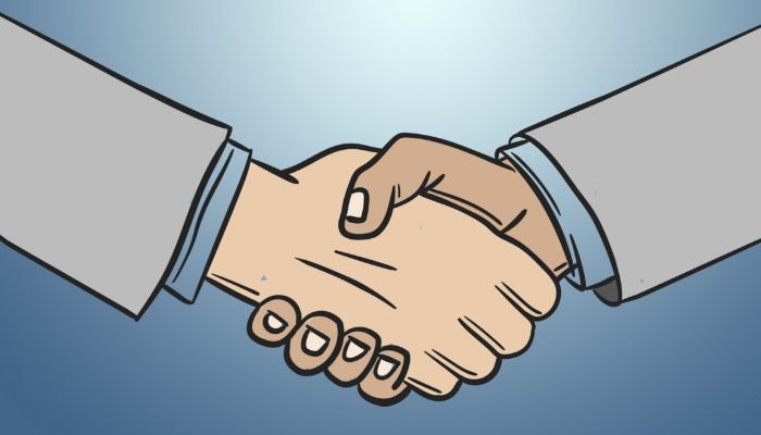 Fondo azul con símbolo de dos personas dándose la mano - Relevancia y beneficios del marketing cara a cara - Imagen