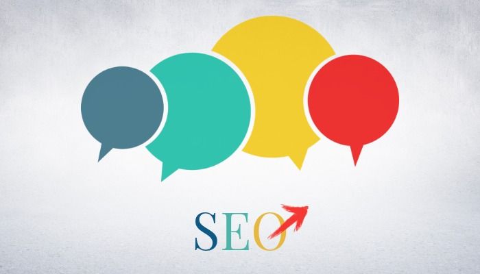 Grey background with four colorful speech bubbles and SEO with an arrow as a title - Basics of search engine optimization practice - Image