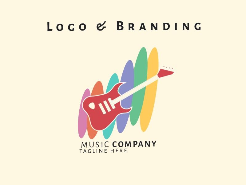 Music logo with guitar on coloured shaped and yellow background - The difference between a logomark and a logotype and how to improve your logo design - Image