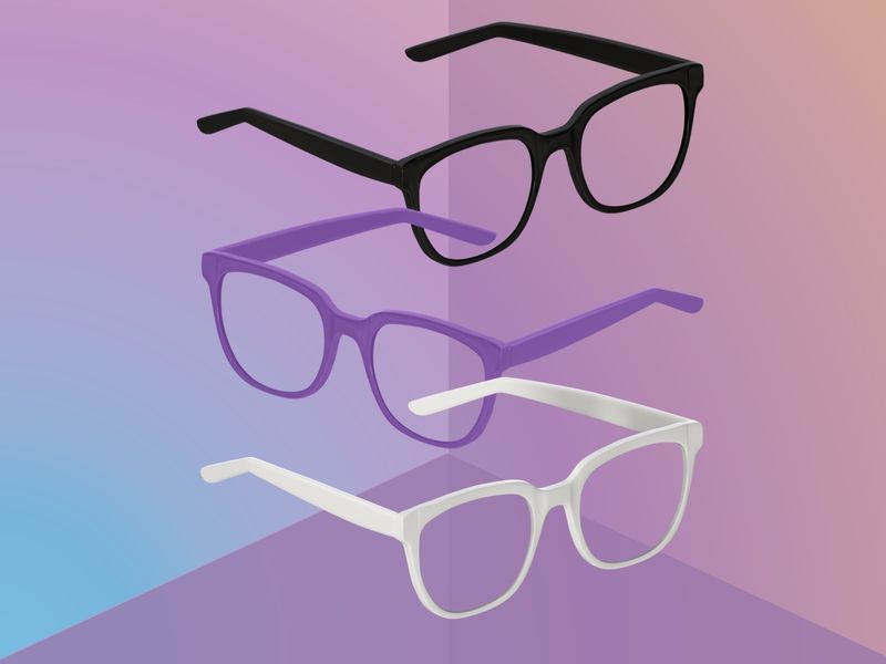 Des lunettes 3D blanches, violettes et noires lévitent sur un fond dégradé - Les éléments de conception flottants deviennent de plus en plus populaires avec les compositions ouvertes - Image