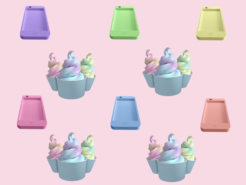 Multicoloured isometric sweets and mobile phones on a light background - The demand for isometric design is only growing in 2019 - Image