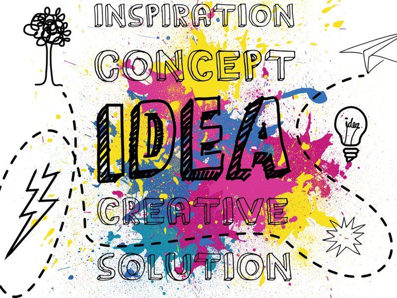 The title "Inspiration Concept Idea Creative Solution" on a chaotic background with multi-coloured spots of paint - Thoughtful chaotic design leaves enormous room for experimentation - Image