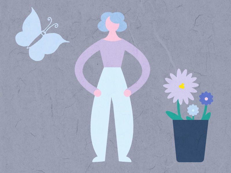 Abstract simplified view of a person, a butterfly and a flower in a pot - The presence of retro human illustrations in various industries will grow throughout the year - Image