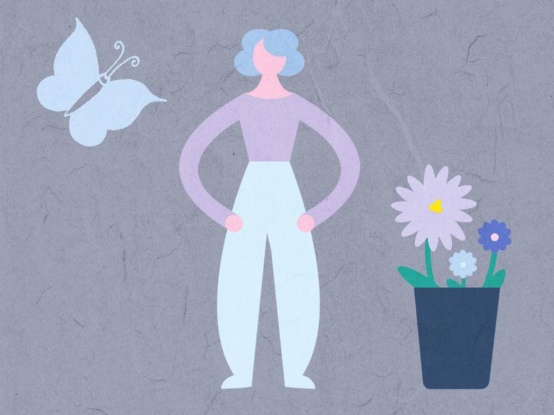 Vue abstraite simplifiée d&#39;une personne, d&#39;un papillon et d&#39;une fleur dans un pot - La présence d&#39;illustrations humaines rétro dans diverses industries augmentera tout au long de l&#39;année - Image