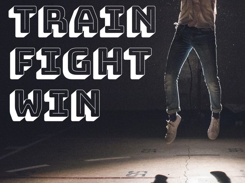 Vue d&#39;un homme en jeans et baskets sautant et la légende « Train Fight Win » - La typographie du contour ouvre le design et deviendra encore plus populaire - Image