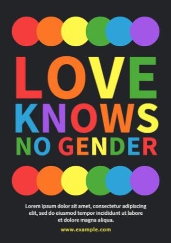 The title 'Love knows no gender' in the colours of the LGBT flag on a dark background - Bold and colourful fonts will continue to grow in popularity - Image