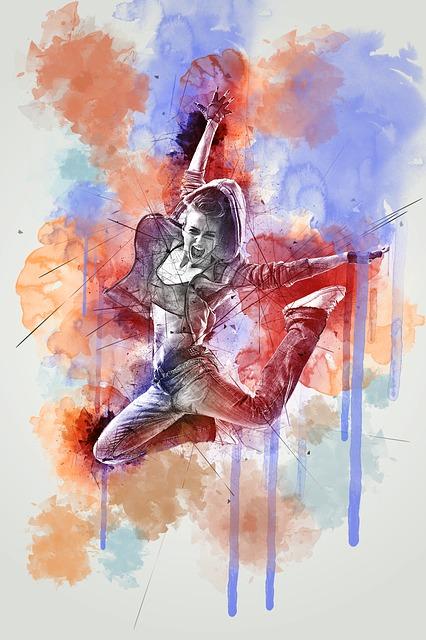 An image of a jumping girl with colourful smudges of water paint on top - The hand-drawn look of custom-made illustrations helps them to grow in popularity - Image