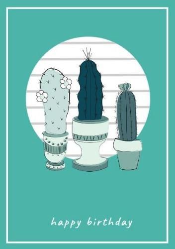 Carte de joyeux anniversaire avec des cactus dessinés à la main dans des pots - Adopter votre style personnel aidera vos créations à se démarquer de la foule - Image