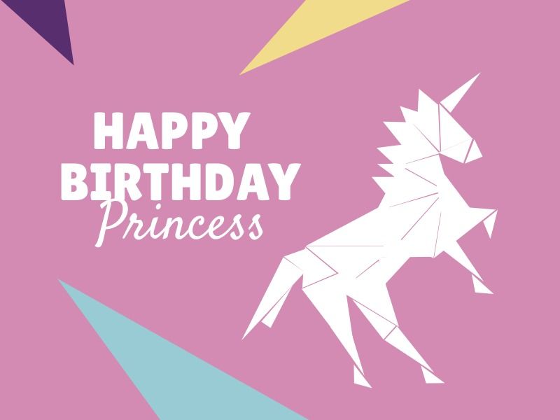 Mensagem de feliz aniversário com unicórnio e design de fundo rosa e formas geométricas.