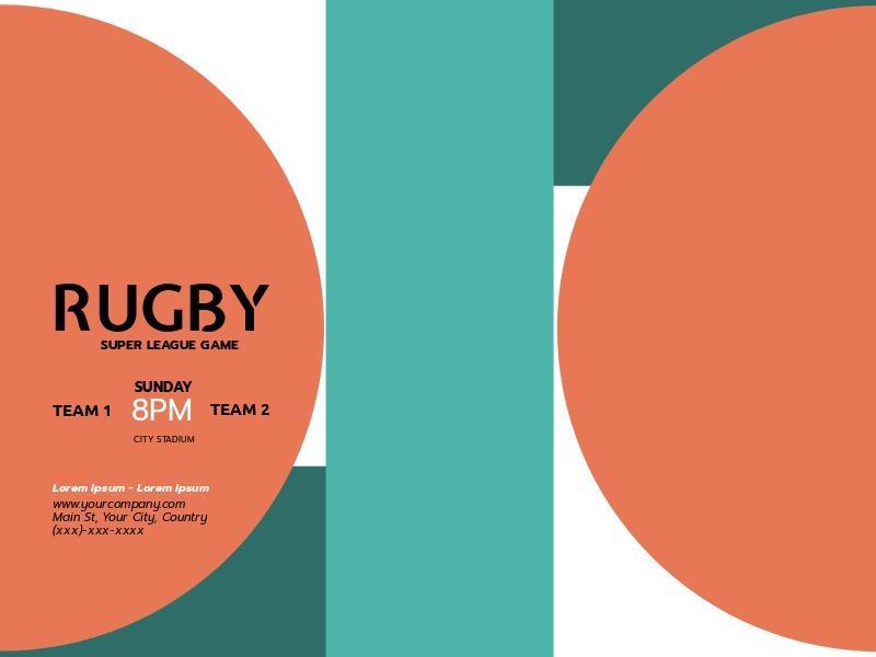 Póster de rugby con diseños geométricos verdes y naranjas - Colores y formas llamativos en diseño geométrico - Imagen