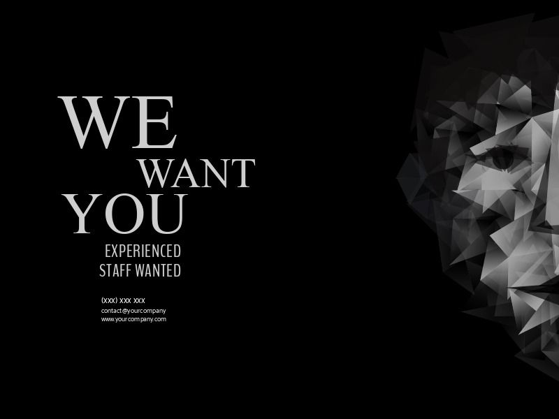 Cartel de reclutamiento en blanco y negro que dice &quot;Te queremos&quot; - Creación de retratos a partir de formas geométricas - Imagen