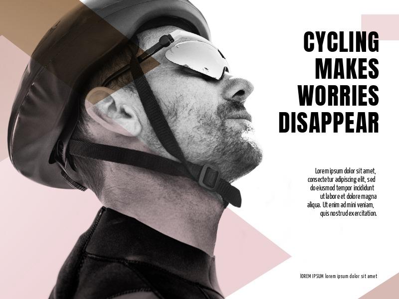 Affiche de cyclisme avec un homme portant un casque de vélo sur la tête et des lunettes de soleil. Texte : Le cyclisme fait disparaître les soucis - L'attrait des motifs répétitifs - Image