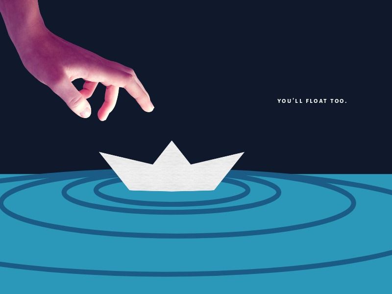 Una mano extendiendo la mano hacia un barco de papel: diseño geométrico que muestra movimiento - Imagen