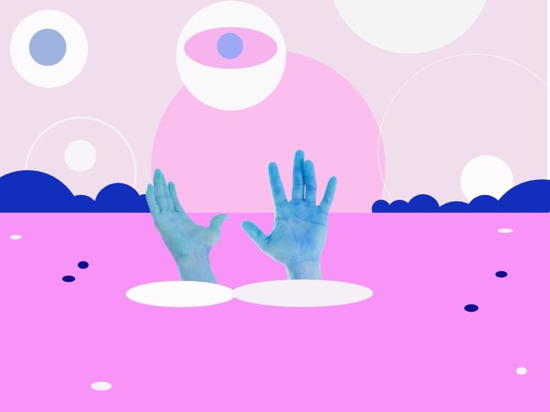 Arte geométrica expansiva. Água rosa com as mãos na água e formas geométricas no horizonte
