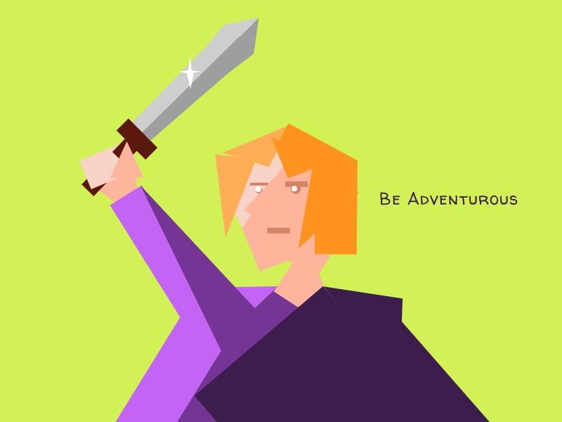 Ilustrações geométricas com uma pessoa segurando uma espada