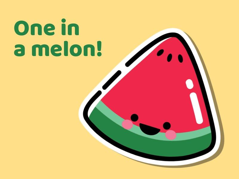 Emoji de fatia de melancia vermelha com fundo amarelo. Sobreposição de texto &#39;One in a Melon&#39;