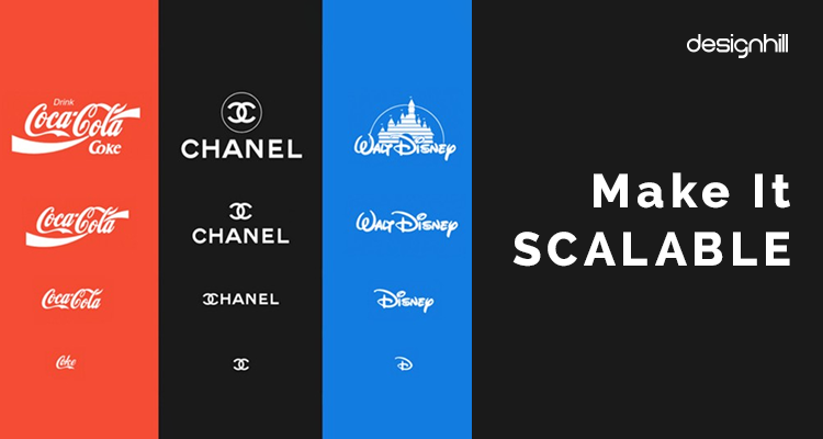 Logotipos de vários tamanhos de três empresas famosas e &#39;Torne-o escalável&#39; como título - Certifique-se de que seu logotipo seja escalável - Imagem