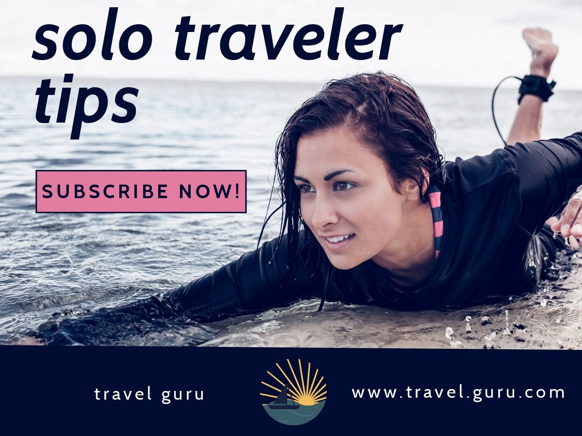 Young girl paddling on a surfboard and 'solo traveller tips' as a title - Display advertising design promoting people to subscribe to website for tips - Image
