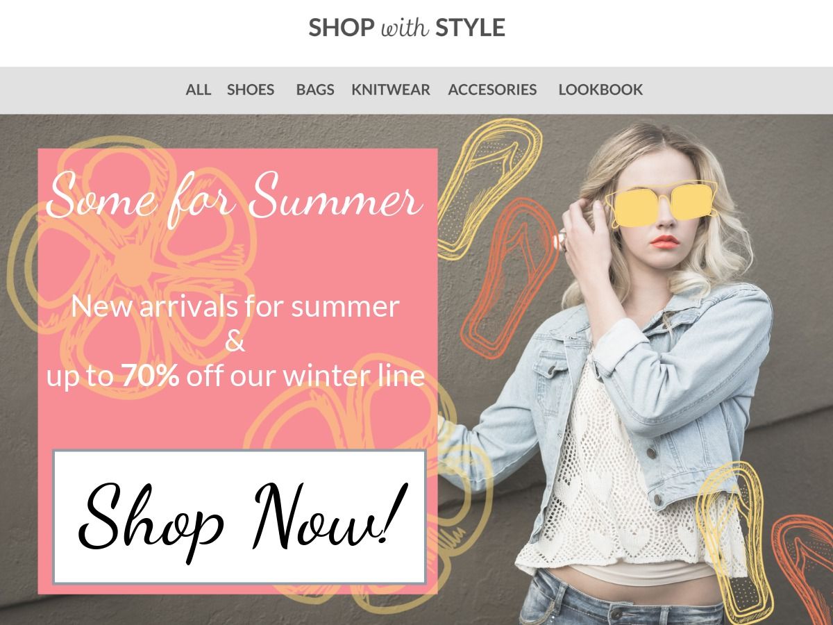 Eine Werbung für ein Bekleidungsgeschäft mit einem Mädchen mit gelber Sonnenbrille – E-Mail-Marketing-Werbedesign zur Förderung von Bekleidungsseiten im Sommer, Ankünfte und Ausverkauf – Bild