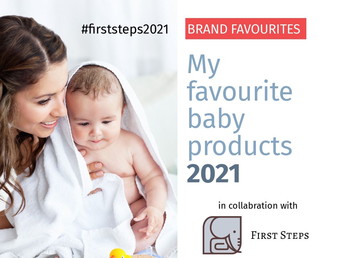 Smiling young woman with a child wrapped in a white towel - Social media advertising design promoting influencer collaboration with baby product company - Image