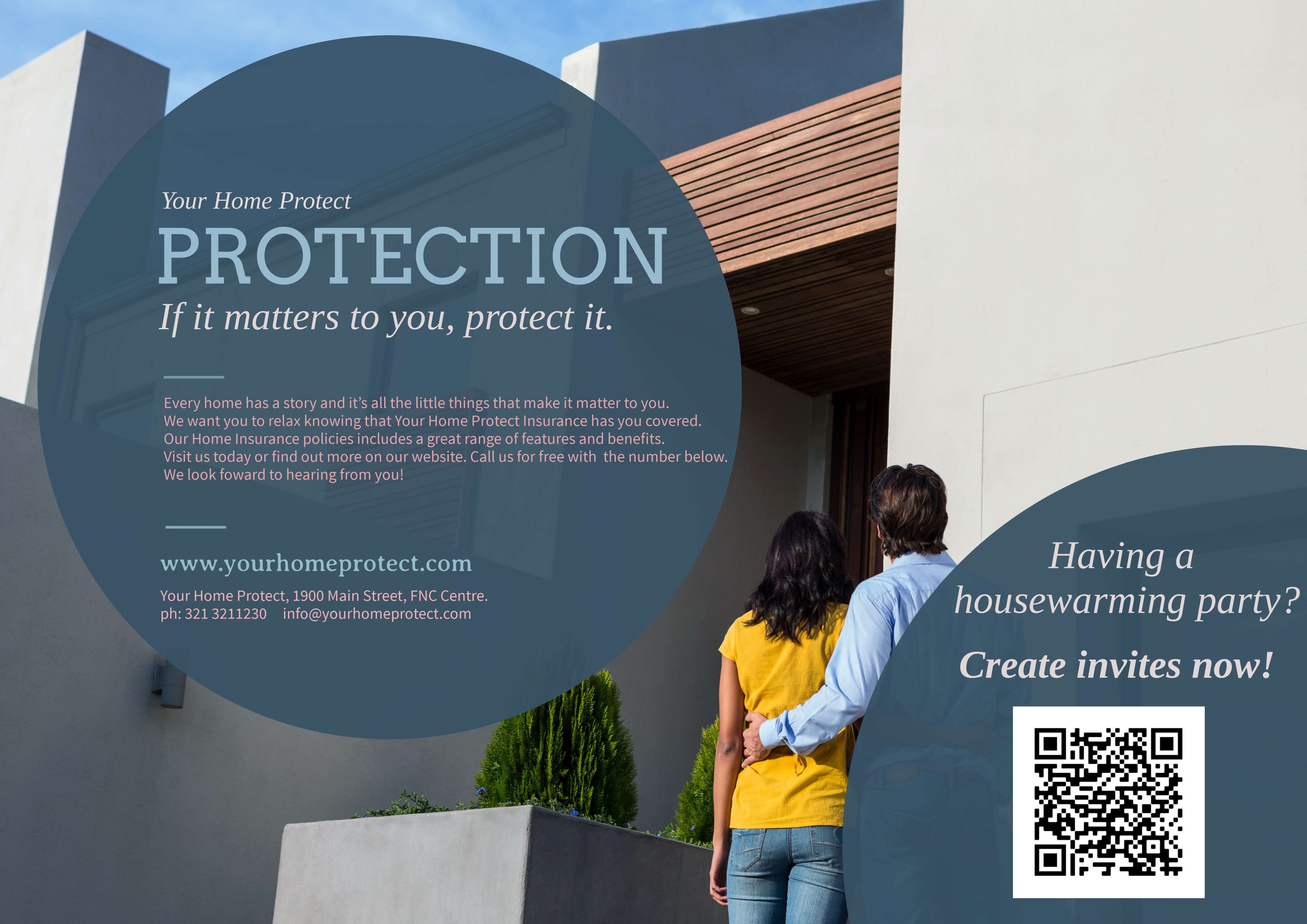 Print-Werbedesign zur Förderung von Hausversicherungsunternehmen und Einladungen zur Einweihungsparty – Links im Anzeigendesign – Bild
