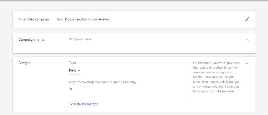 Campaign name and budget YouTube - Setting up a Google AdWords budget - Image