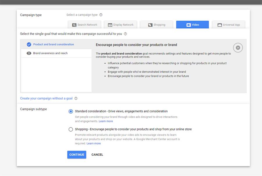 Campaign subtype YouTube - Selecting a campaign subtype - Image