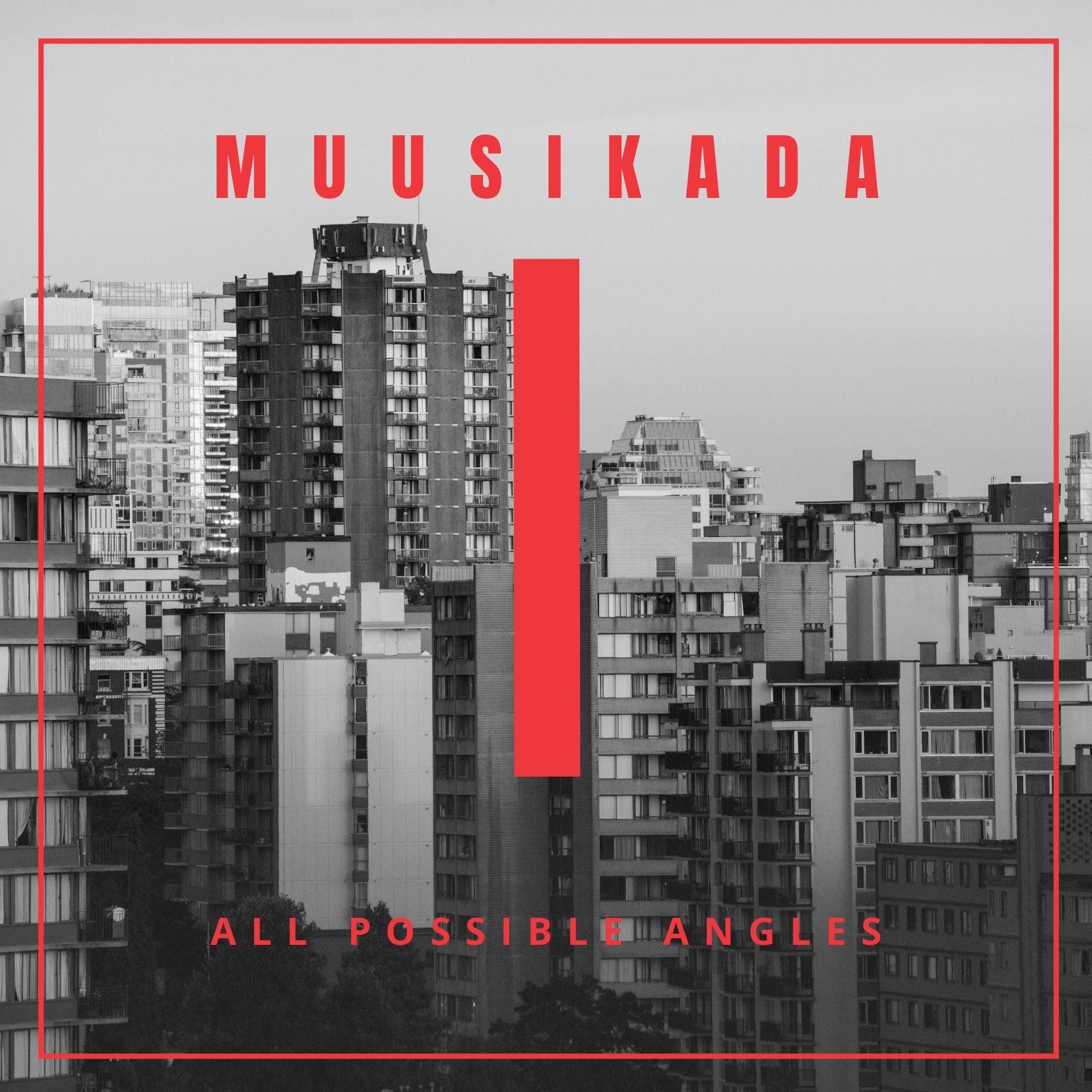 Graues Albumcover mit Stadtbild und rotem Text – Rote und graue Farben im Musikalbum-Cover-Design – Bild