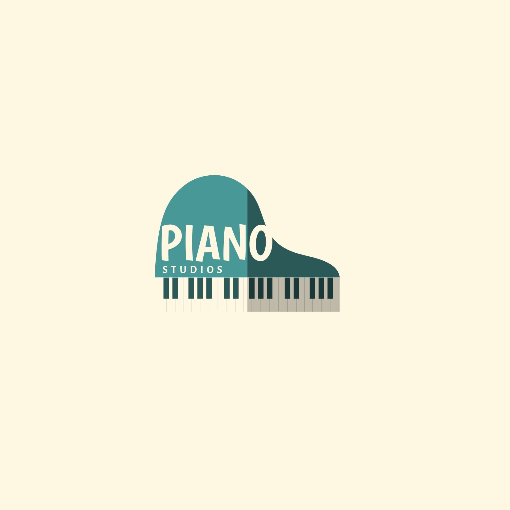 Piano studio logo with turquoise piano on a light background - Using the Boogaloo font - Image