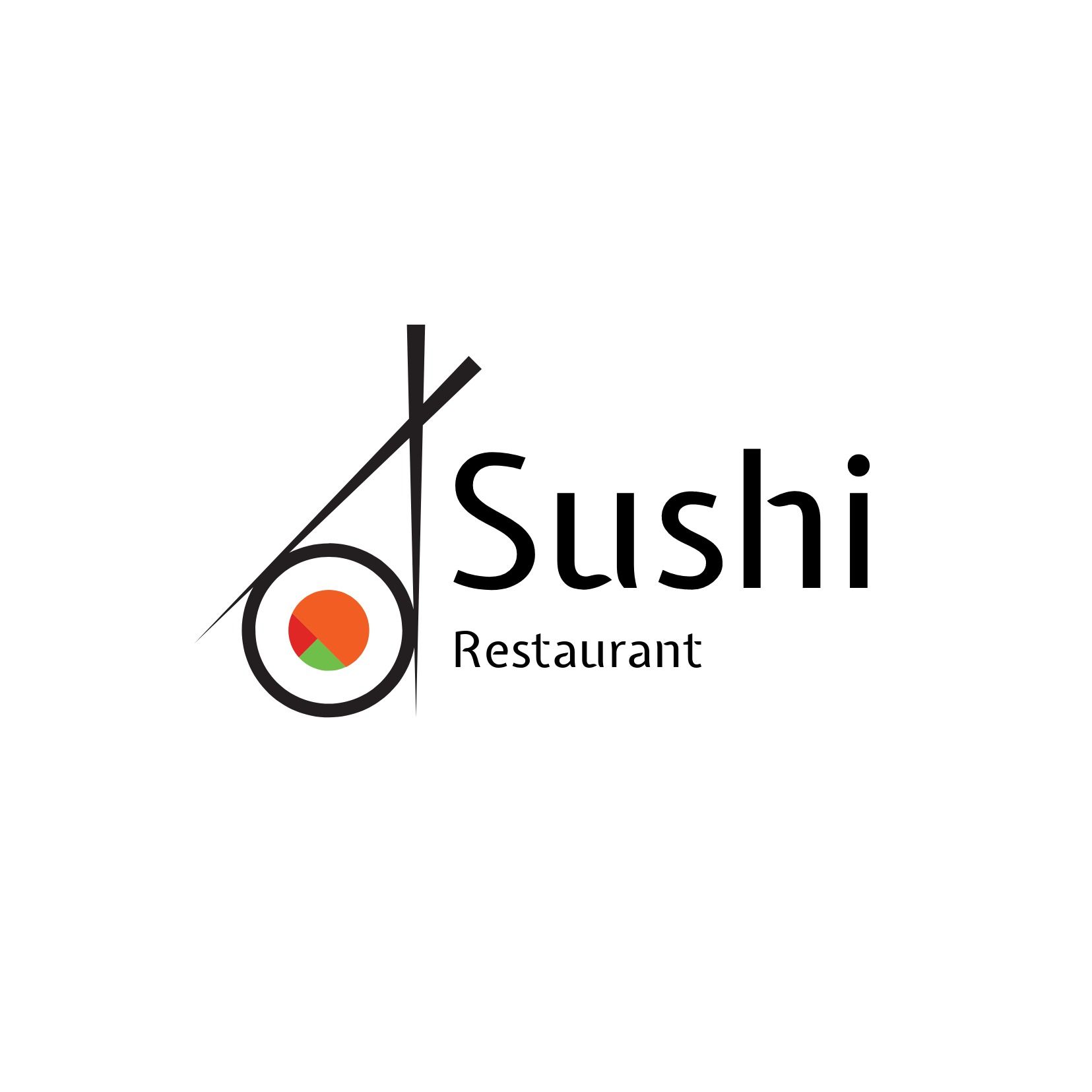 Sushi-Restaurant-Logo mit Stäbchen und frischem Sushi – Schriftart „Sharpness of Expletus Sans“ – Bild
