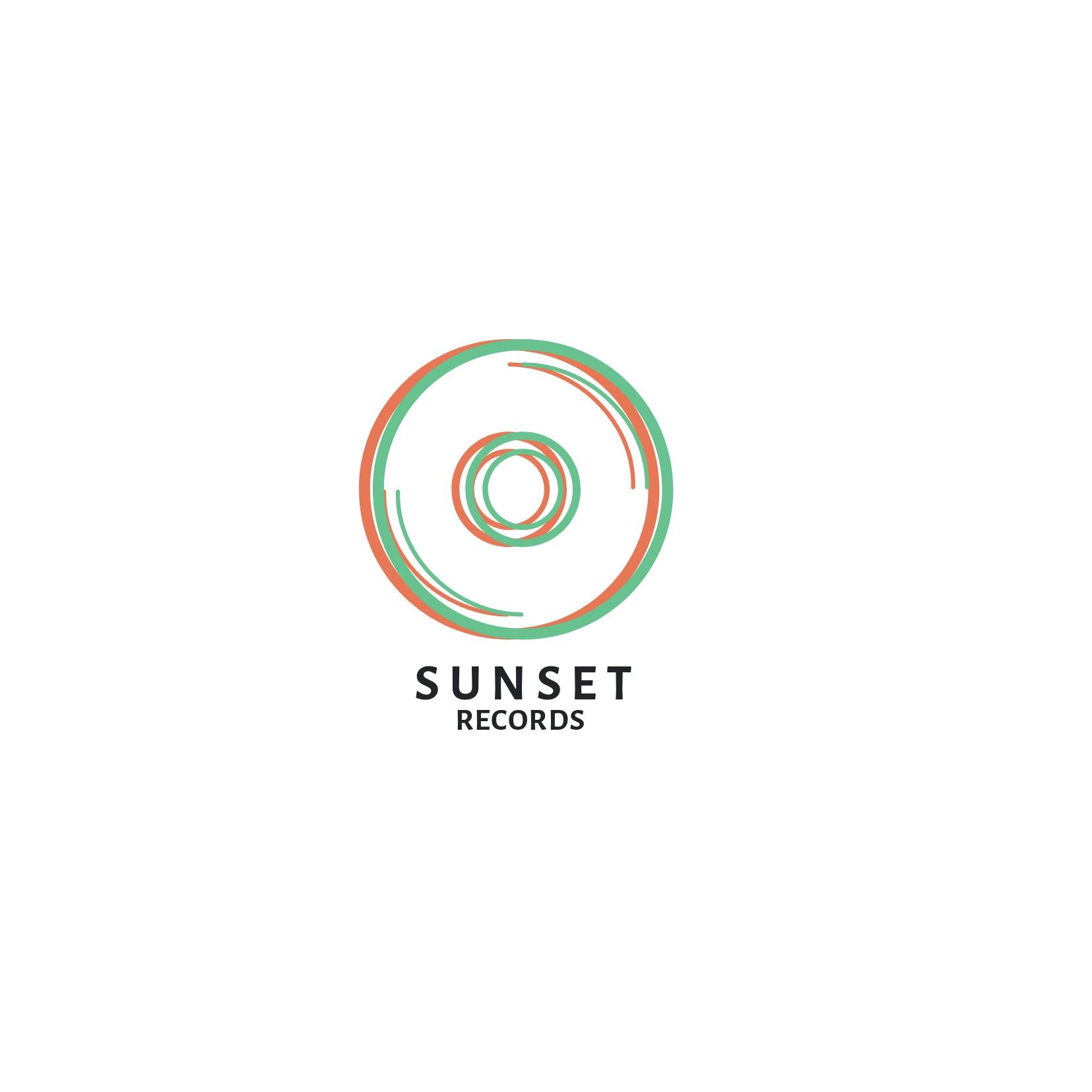 Music logo design with 'Sunset Records' as a title - Alegreya Sans SC is a professional font suitable for minimalistic, colorful illustrations - Image