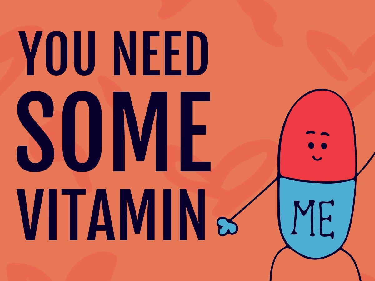 Vitaminsymbol mit der Aufschrift „Sie brauchen etwas Vitamin“ auf der linken Seite