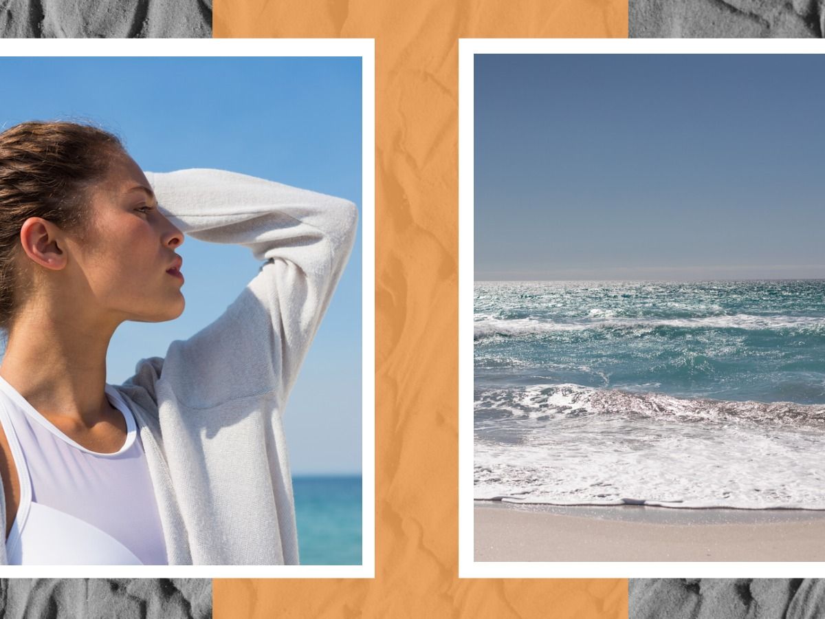 Bilder einer Frau am Meer und das Meer selbst in Bordüren vor einem Hintergrunddesign