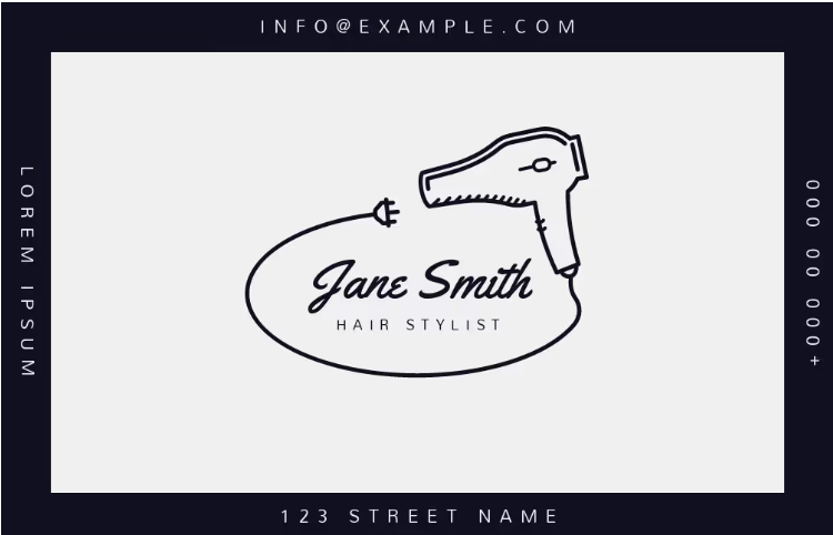 Cute black and white hair stylist business card template with a hair dryer icon in the middle - How to make a business card cute and fun - Image