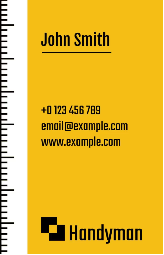 Yellow vertical handyman business card template with ruler marks on left side - How vertical orientation can help a business card stand out - Image