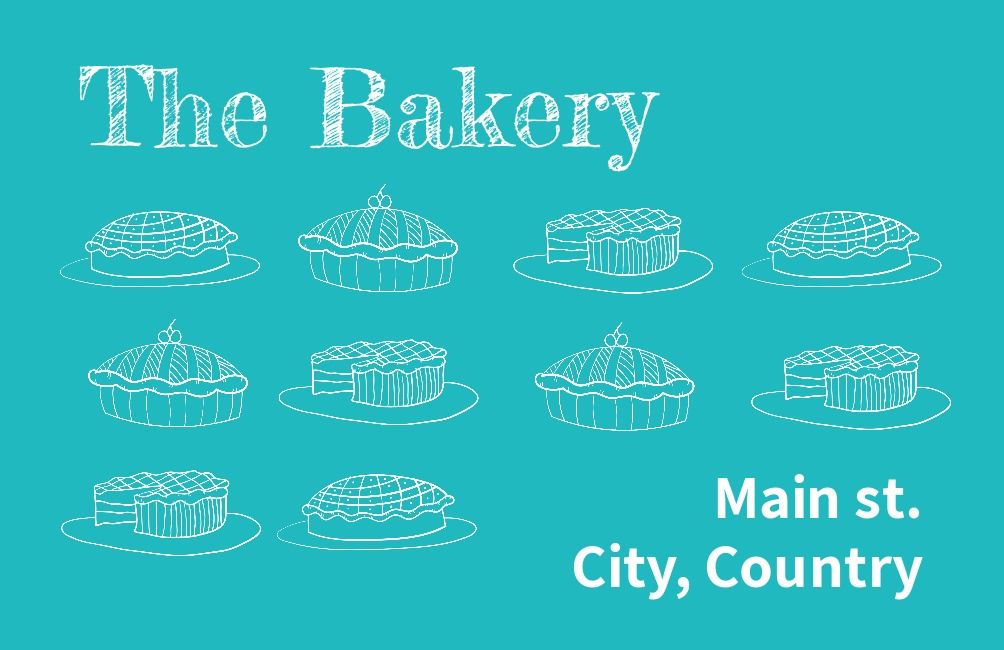 Blaugrüne Bäckerei-Visitenkarte mit Adress- und Kuchensymbolen