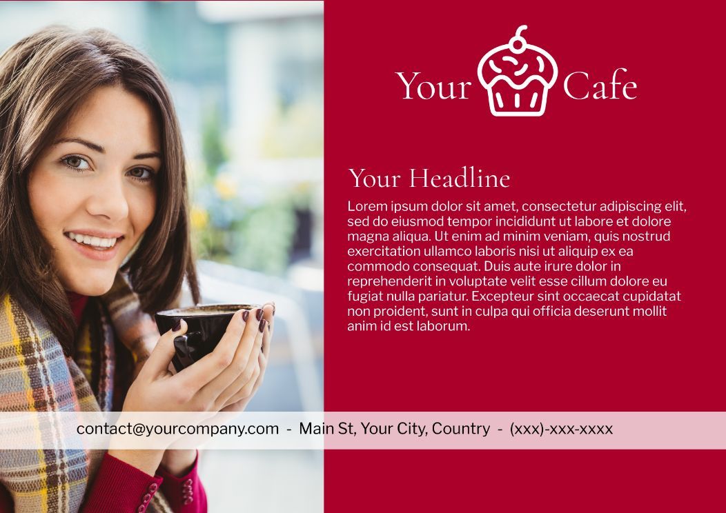 Café-Poster: Frauen mit Kaffeetasse, rot mit informativem Schriftzug