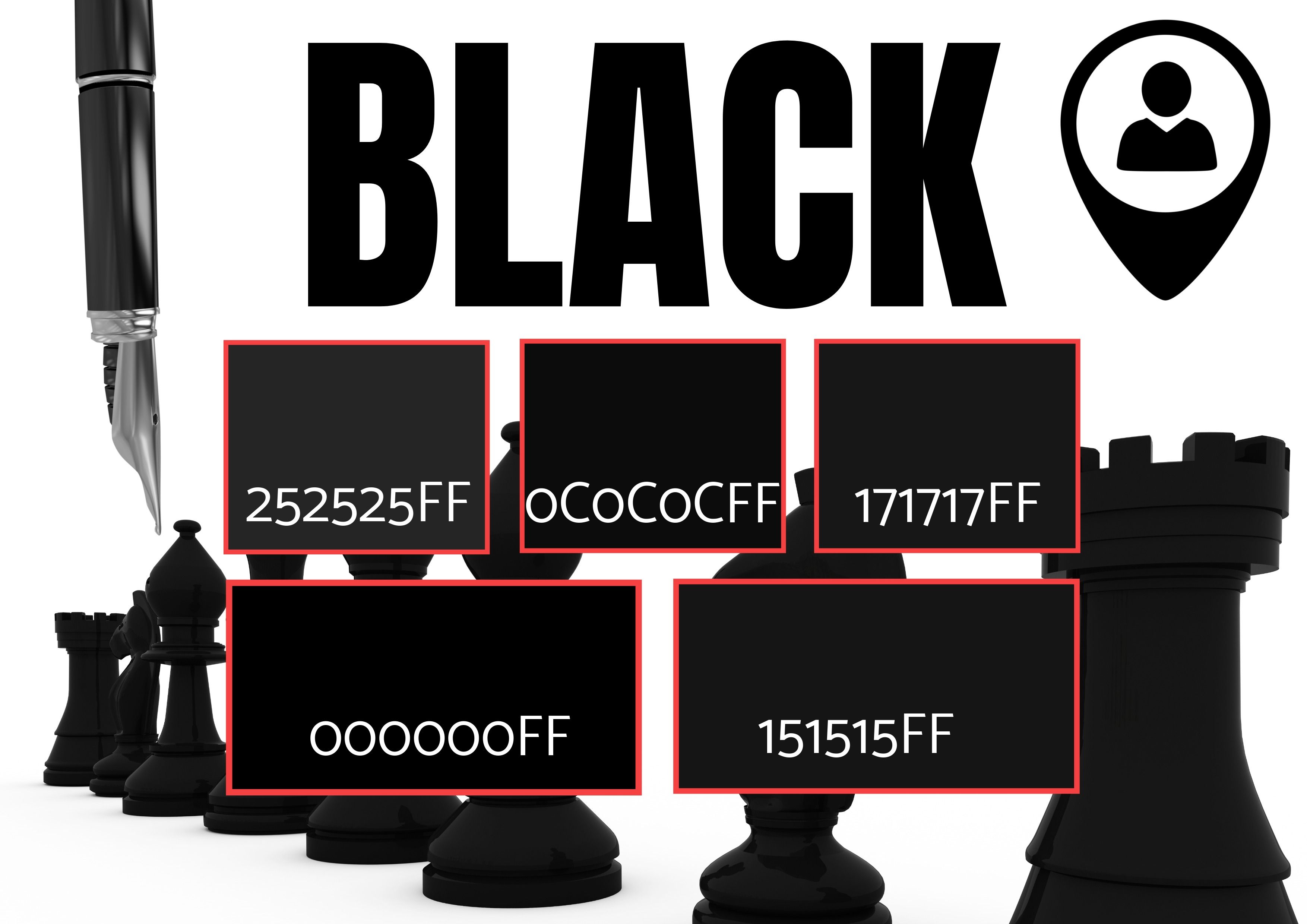 Auswahl von 5 schwarzen Farbtönen mit Bildern von Schachfiguren, Stift und einem Ortssymbol – Symbolik