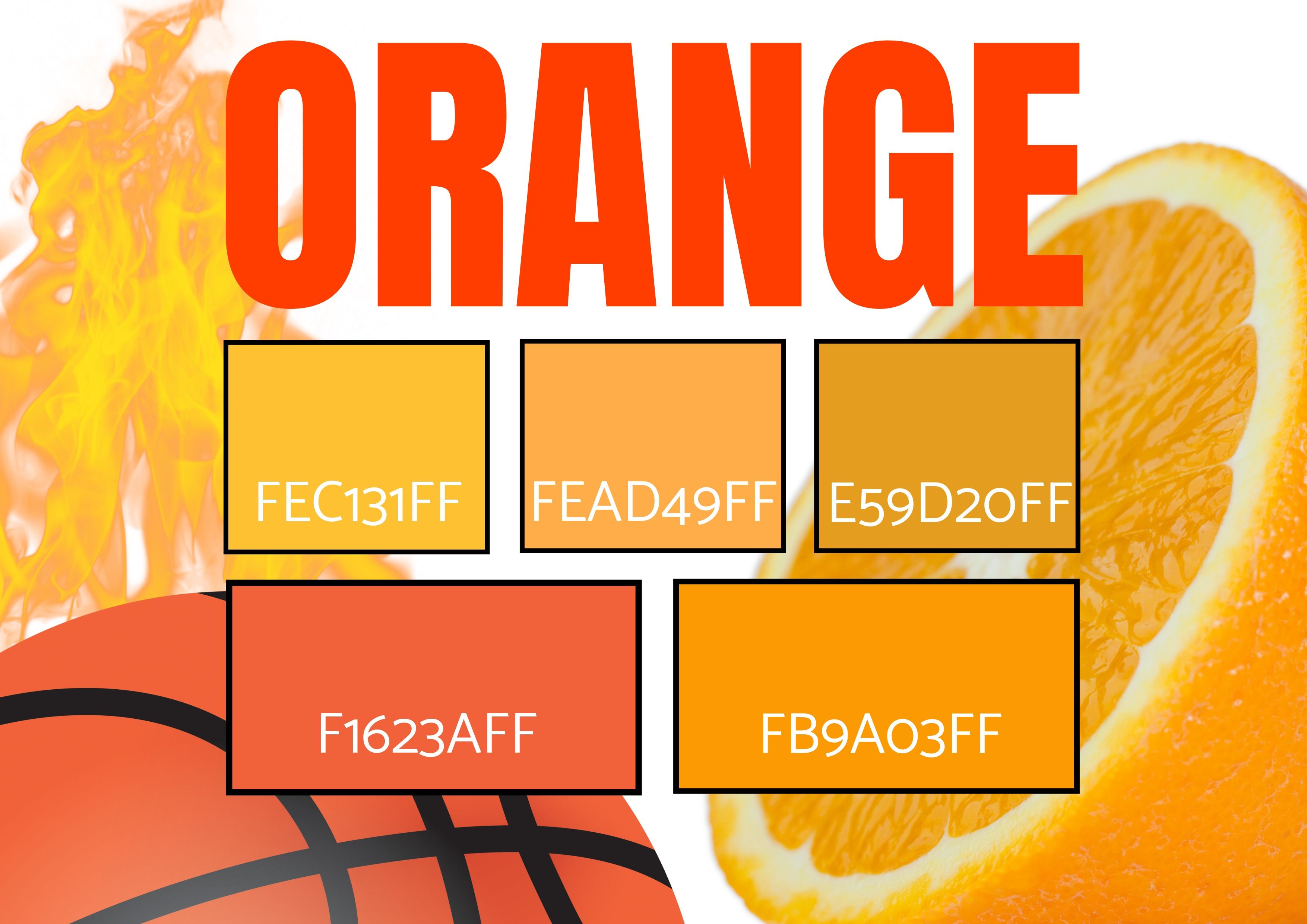 Auswahl von 5 Orangetönen mit Bildern von Feuer, einem Basketball und einer Orange – Symbolik